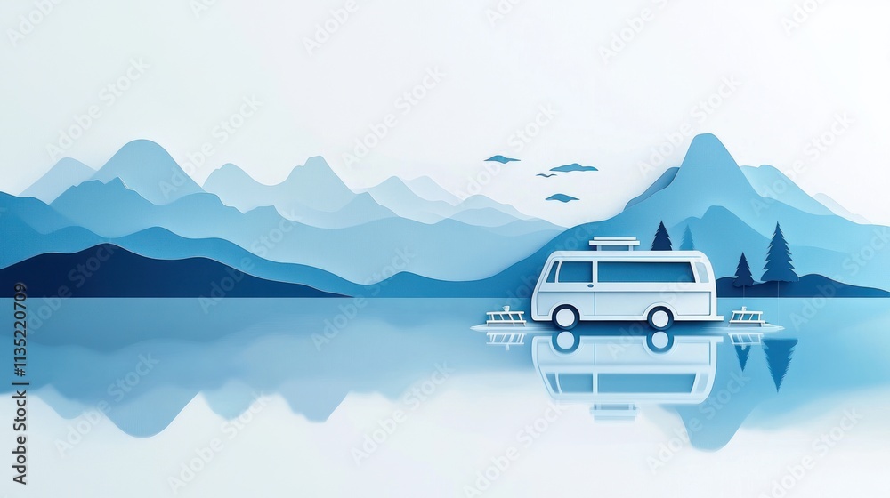 Serene Mountain Lake Escape: Paper Art Van by the Water Serene Mountain Lake Escape: Paper Art Van by the Water