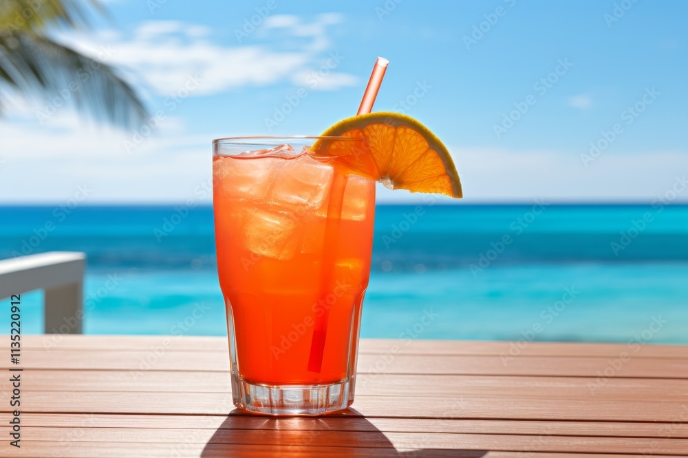 Refreshing tropical drink in a glass by the sea on a relaxing beach vacation setting Refreshing tropical drink in a glass by the sea on a relaxing beach vacation setting