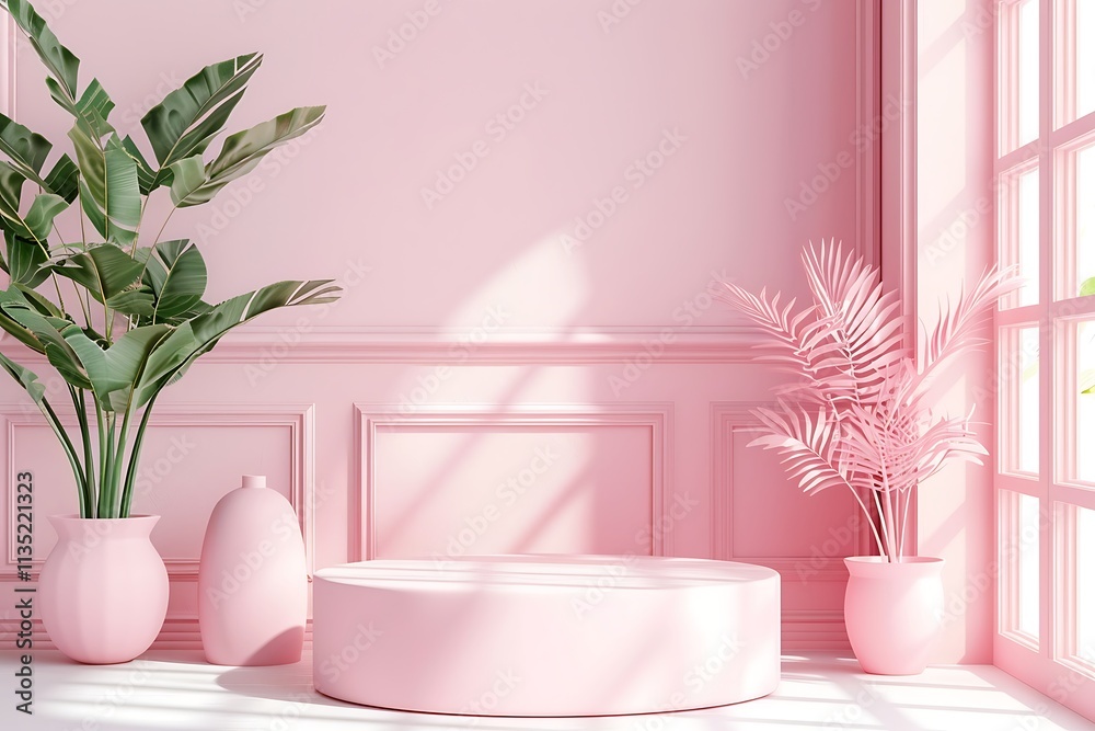 Minimalist scene with pink podium and plant, 3D rendering Minimalist scene with pink podium and plant, 3D rendering
