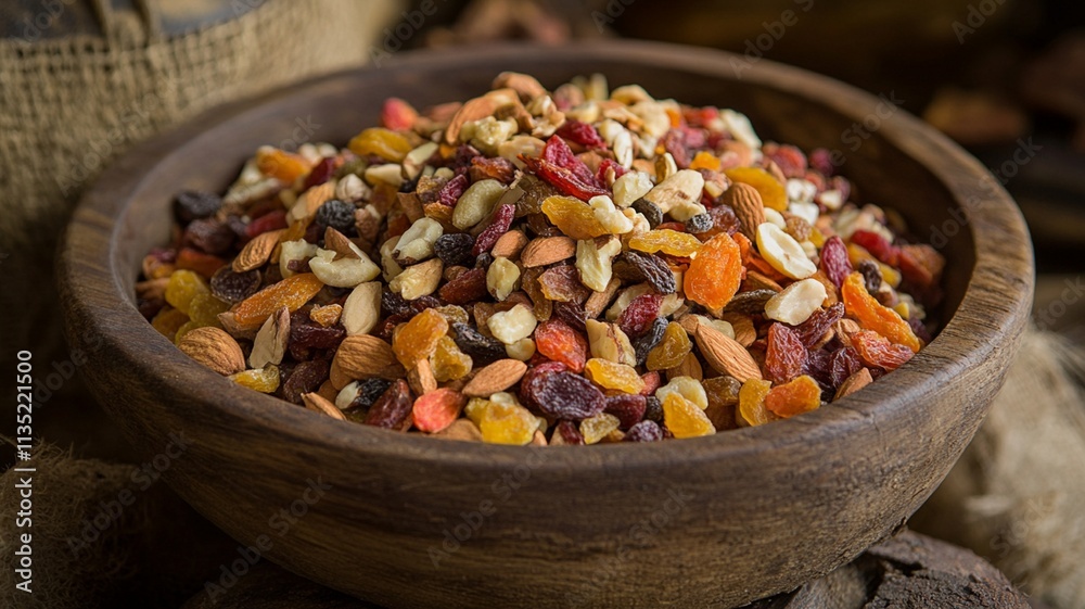 A Beautifully Arranged Dried Fruits and Nuts Mix in a Wooden Bowl Perfect for Healthy Snacks and Culinary Uses A Beautifully Arranged Dried Fruits and Nuts Mix in a Wooden Bowl Perfect for Healthy Snacks and Culinary Uses