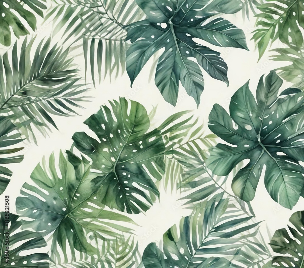 Soft focus watercolor background with a subtle pattern of tropical leaves and stems, stem patterns, tropical leaf design, natural textures