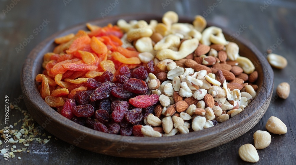 Aesthetic Arrangement of Dried Fruits and Nuts on a Rustic Wooden Table for Healthy Snacking Aesthetic Arrangement of Dried Fruits and Nuts on a Rustic Wooden Table for Healthy Snacking