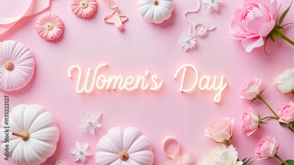 Women’s Day text surrounded by floral and decorative pink accents on a pastel background Women’s Day text surrounded by floral and decorative pink accents on a pastel background