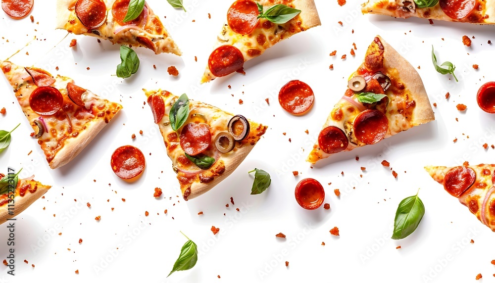 Slices of pizza with salami, cheese and basil on white background Slices of pizza with salami, cheese and basil on white background