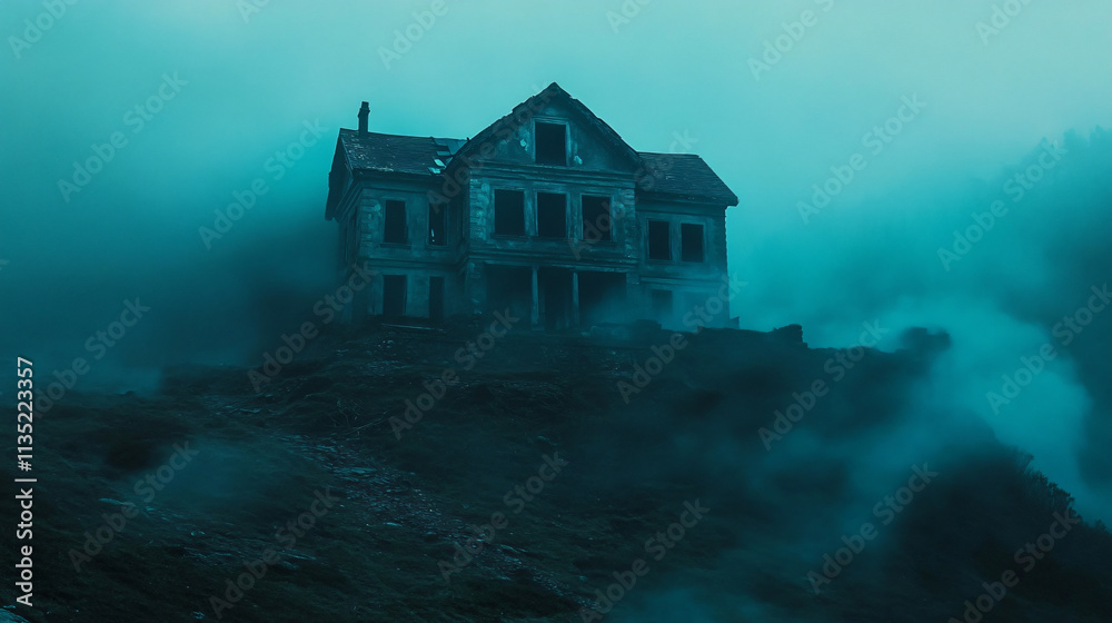 An eerie villa hidden in fog atop a hill, blue-green flames flickering behind broken windows, giving it a spectral presence. An eerie villa hidden in fog atop a hill, blue-green flames flickering behind broken windows, giving it a spectral presence.