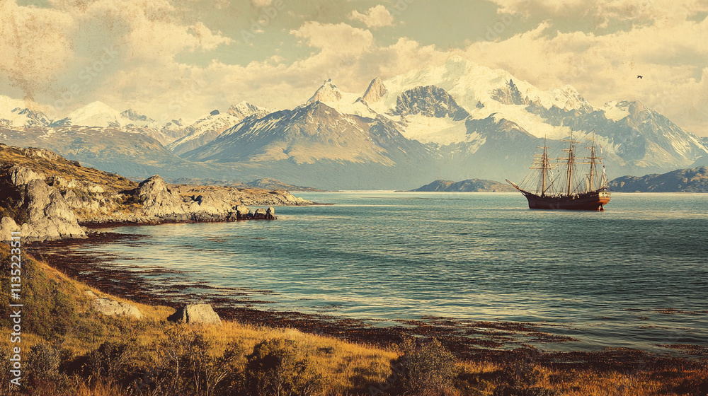 Obraz premium Vintage travel poster of the Strait of Magellan, Chile, showcasing rugged coastlines, calm waters, and distant ships