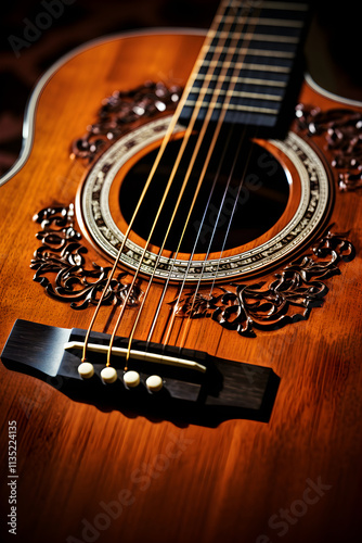 Artistry and Craftsmanship: A Superb Close-up of An Acoustic Guitar photo