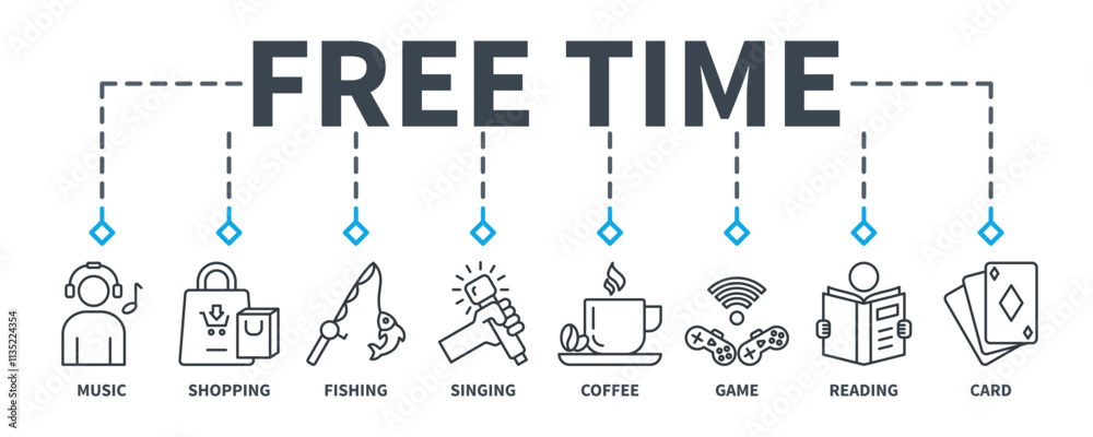 Free Time banner web icon vector illustration concept with icon of music, shopping, fishing, karaoke, coffee, game, reading, and card Free Time banner web icon vector illustration concept with icon of music, shopping, fishing, karaoke, coffee, game, reading, and card