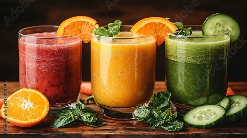 Healthy fresh juices super foods and smoothies with fresh fruits cucumber carrot in clear glasses rustic kitchen environment