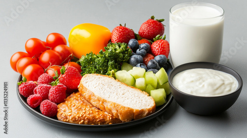 Healthy breakfast plate with fresh fruits, vegetables, whole grains, yogurt, and glass of milk on gray background.