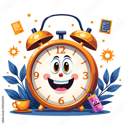 Whimsical cartoon clock with smiling face surrounded by fun elements and vibrant colors, digital art of character design concept.