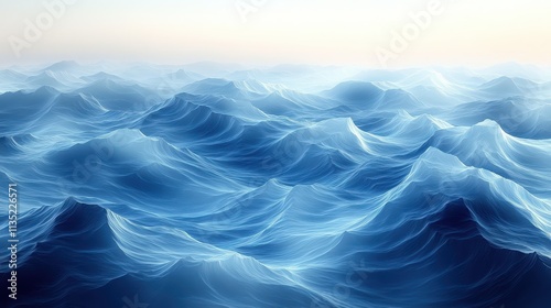 Ethereal Blue Ocean Waves with Soft Sunrise Light, Abstract Seascape Background.