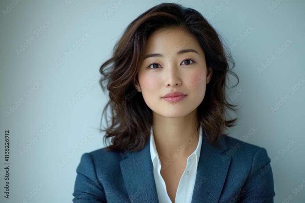 Confident young Asian businesswoman in a teal blazer, looking directly at the camera with a neutral expression. Confident young Asian businesswoman in a teal blazer, looking directly at the camera with a neutral expression.