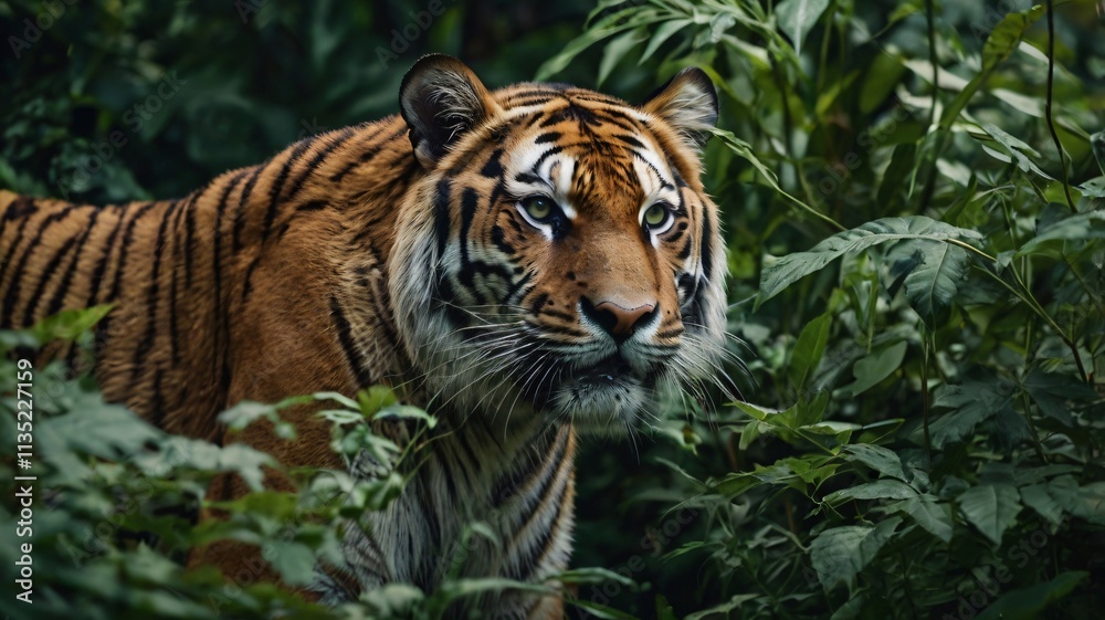 Majestic tiger observing its surroundings in a dense jungle during the afternoon light