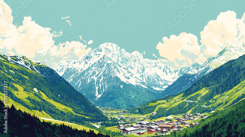 Vintage-inspired Sölden travel illustration, showcasing stunning mountain scenery and ski resorts in the heart of Austria