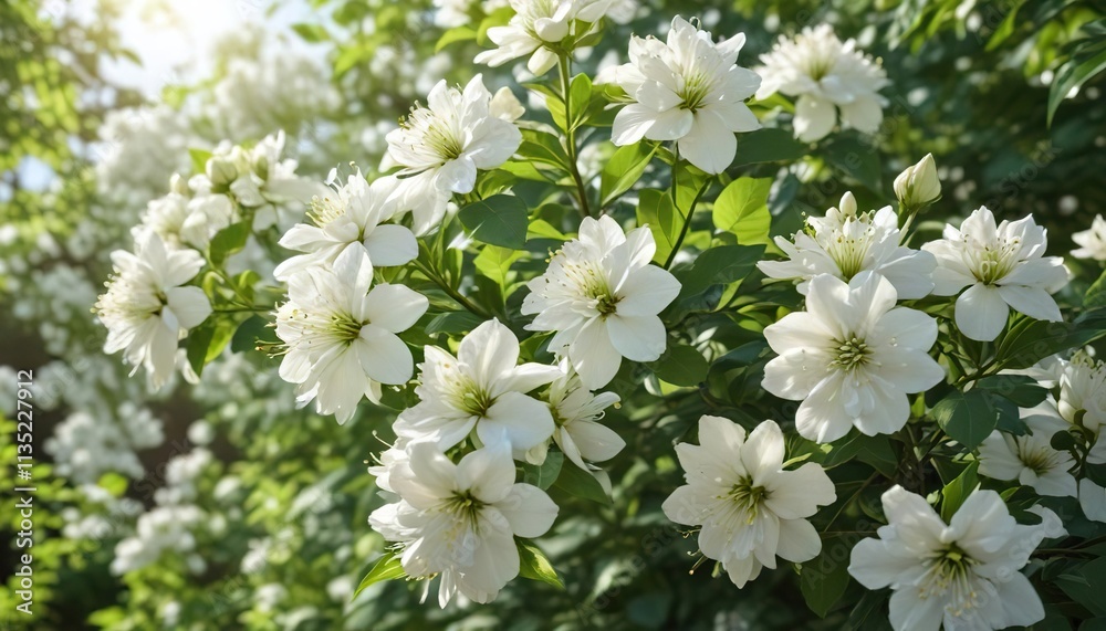 Cluster of delicate white bhringraj blossoms with green leaves on bright sunny day, leafy, bloom, sunlight, outdoors, clean Cluster of delicate white bhringraj blossoms with green leaves on bright sunny day, leafy, bloom, sunlight, outdoors, clean