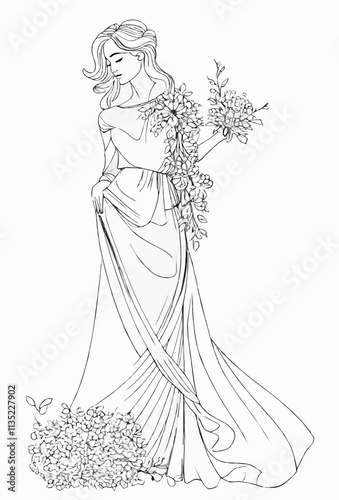 bride with flowers ink sketch