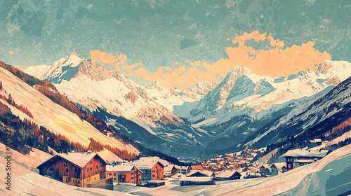 Artistic retro poster of Sölden, Austria, evoking alpine beauty with its majestic mountains and vibrant ski resorts