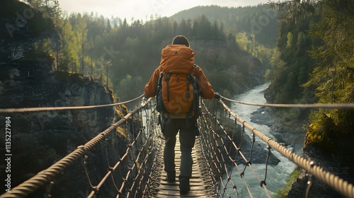 Wallpaper Mural Backpacker Crossing A Rope Bridge Over A Mountain River Torontodigital.ca