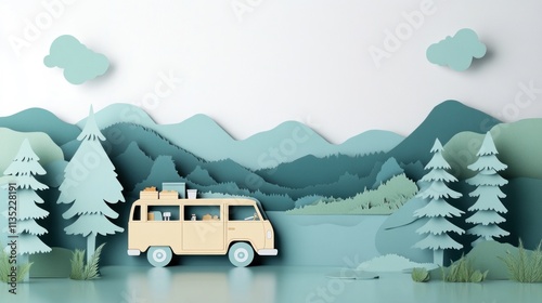 Papercut Campervan Adventure in a Serene Mountain Landscape