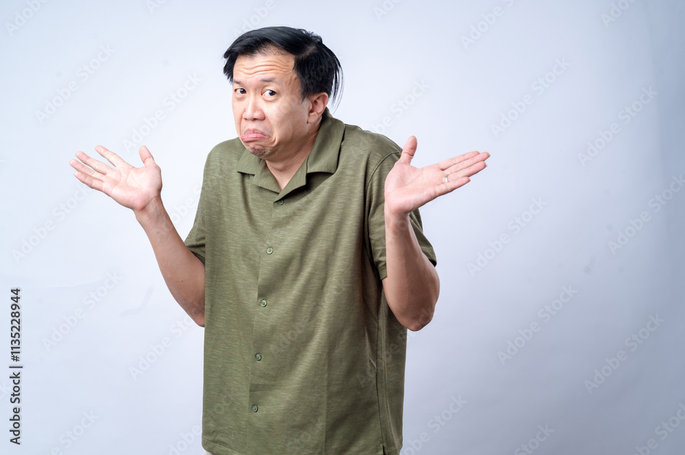 An Asian man in a green polo shirt shrugs with a pouting expression and raised hands, suggesting confusion or indifference, against a plain white background, conveying a humorous An Asian man in a green polo shirt shrugs with a pouting expression and raised hands, suggesting confusion or indifference, against a plain white background, conveying a humorous