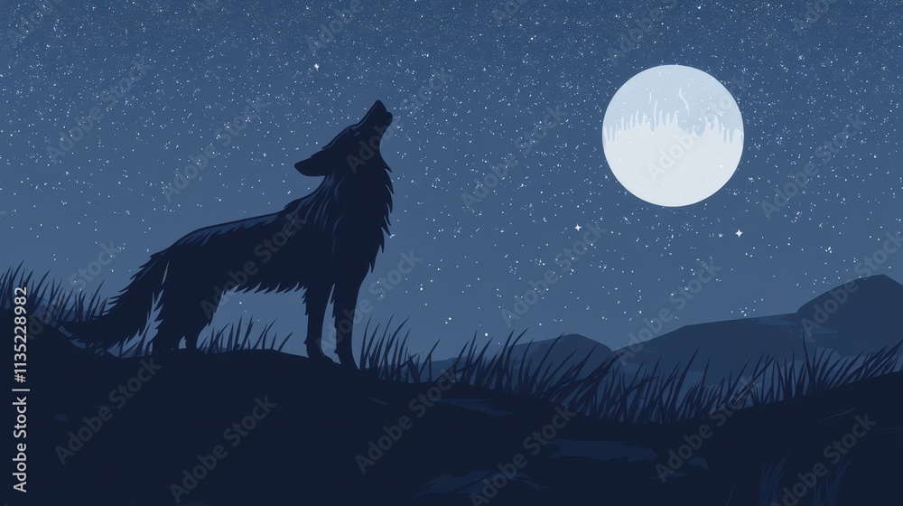 Howling Wolf Silhouette at Night with Full Moon and Starry Sky.