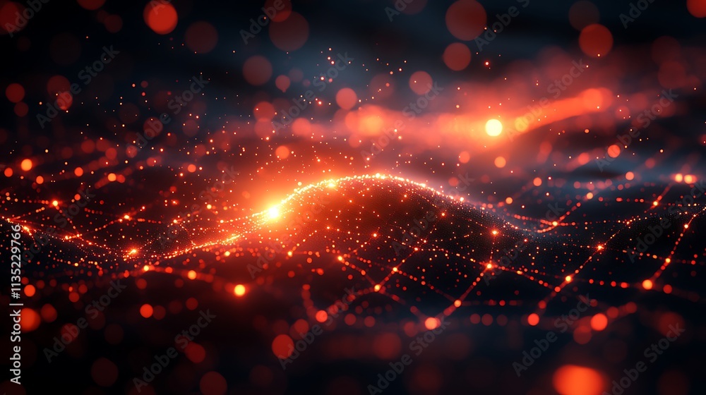 Vibrant glowing particles cascading over gently undulating digital wave patterns image Vibrant glowing particles cascading over gently undulating digital wave patterns image