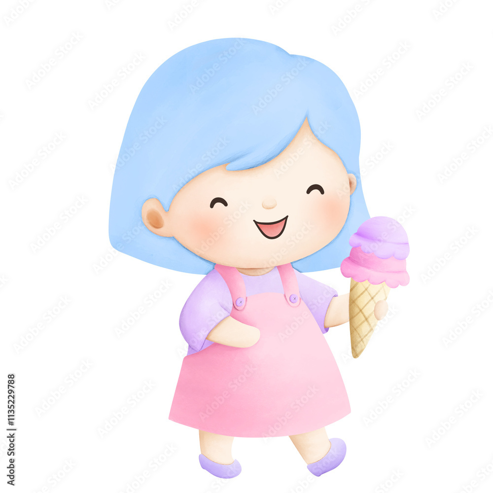 Watercolor illustration of little girl eating ice cream Watercolor illustration of little girl eating ice cream