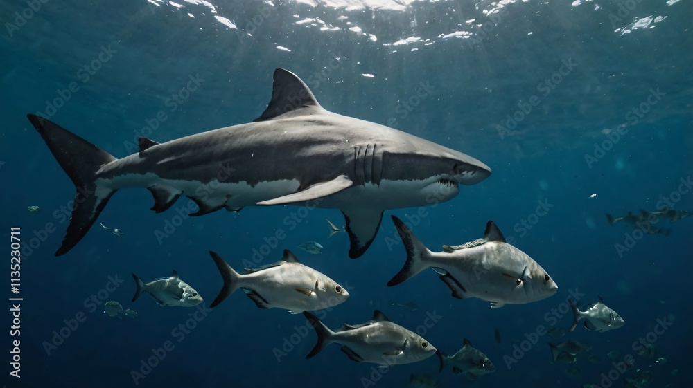 Obraz premium Majestic shark swims through clear ocean waters alongside schools of fish in vibrant marine environment