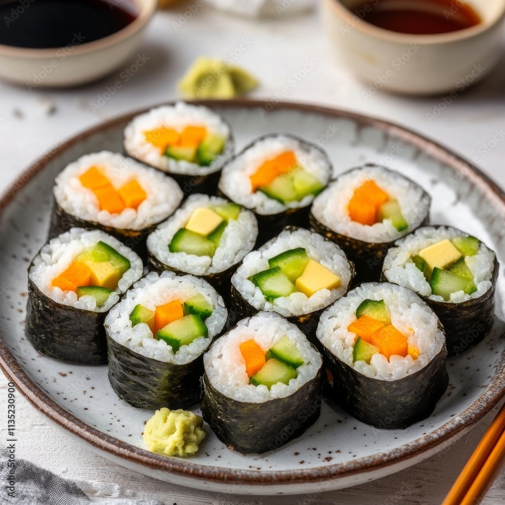 A colorful plate of vegetable sushi rolls with avocado, cucumber, and carrot A colorful plate of vegetable sushi rolls with avocado, cucumber, and carrot