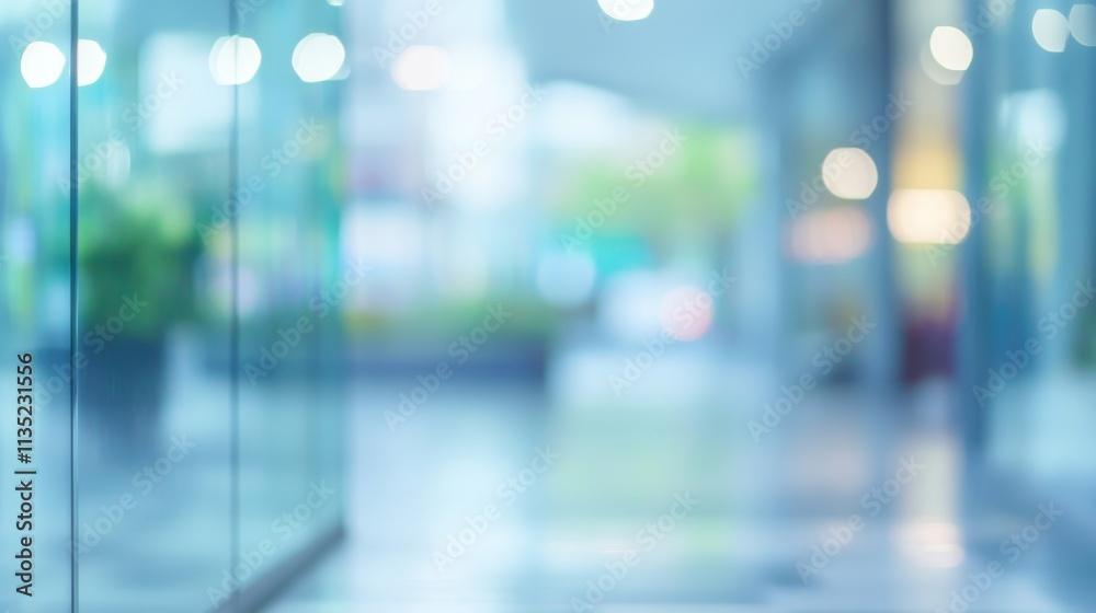 Soft-focus view of a contemporary office corridor with glass partitions and warm bokeh lighting in the background. This abstract scene is perfect for business and professional themes or as a backdrop Soft-focus view of a contemporary office corridor with glass partitions and warm bokeh lighting in the background. This abstract scene is perfect for business and professional themes or as a backdrop