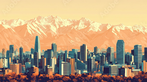 Vintage-style travel poster of Santiago, Chile, highlighting its urban energy and the breathtaking Andes Mountains in the background