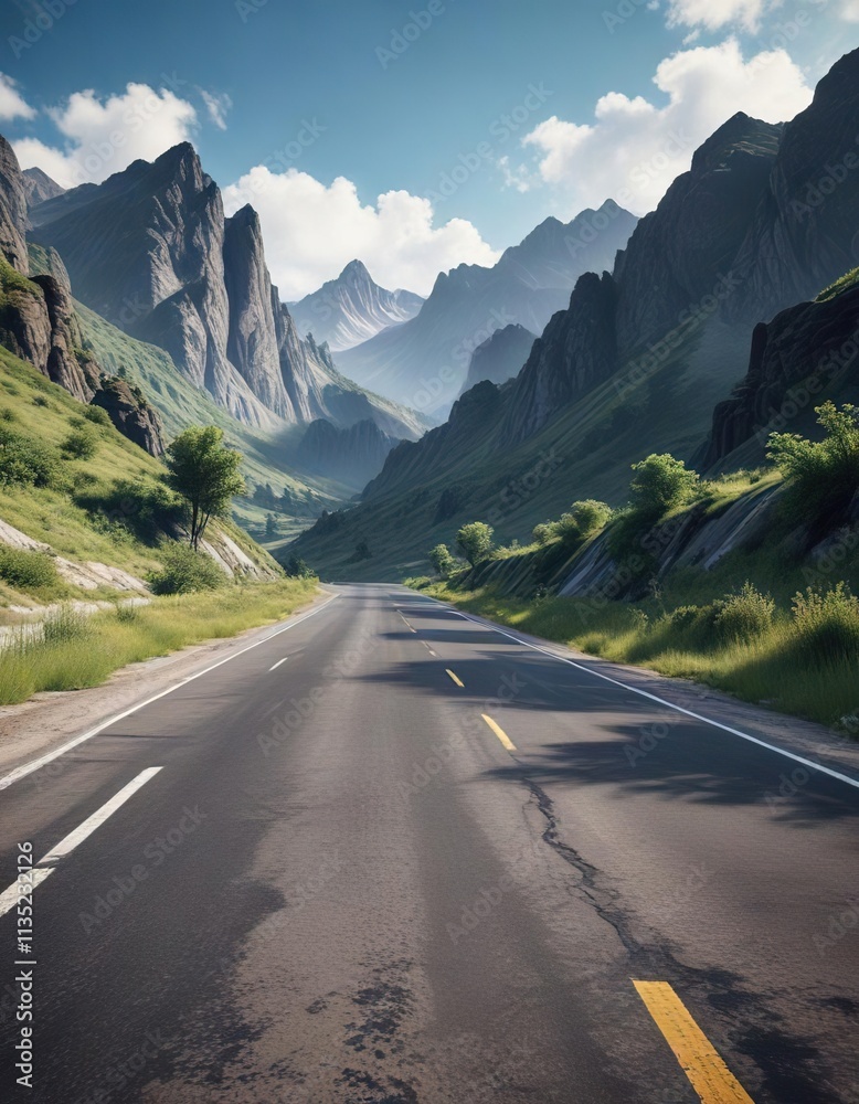 Naklejka premium Deserted asphalt road stretches into the distance against a backdrop of rugged mountain peaks and lush greenery, desert, natural beauty