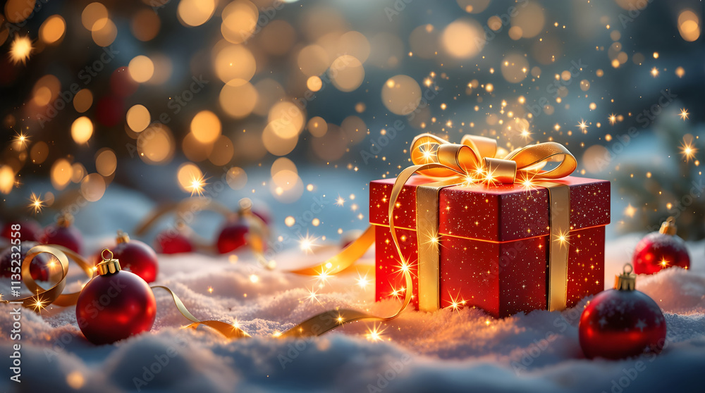 Happy Santa Claus holding glowing christmas magic gift over defocused with copy space Happy Santa Claus holding glowing christmas magic gift over defocused with copy space