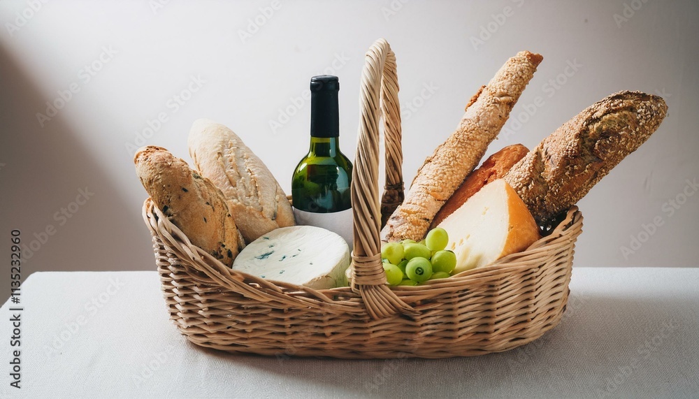Naklejka premium 바구니 안에 다양한 종류의 빵, 치즈, 올리브와 함께 놓인 작은 와인 병