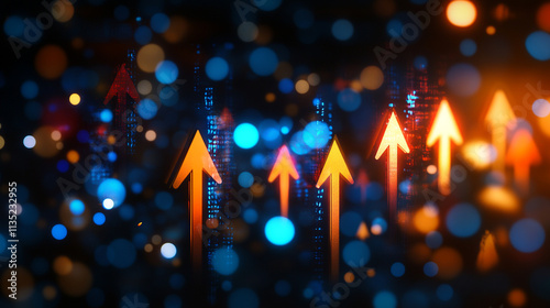 Abstract technology background with glowing arrows and bokeh lights symbolizing growth and progress in digital space.