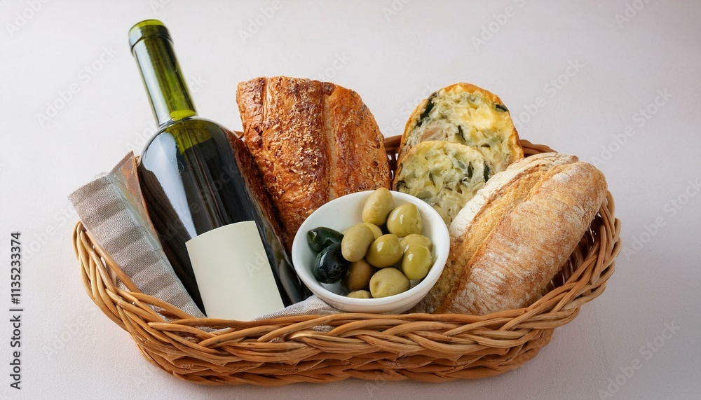 Naklejka premium 바구니 안에 다양한 종류의 빵, 치즈, 올리브와 함께 놓인 작은 와인 병