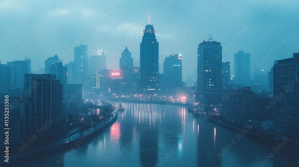 Fototapeta premium A misty urban skyline reflecting on a river at twilight.