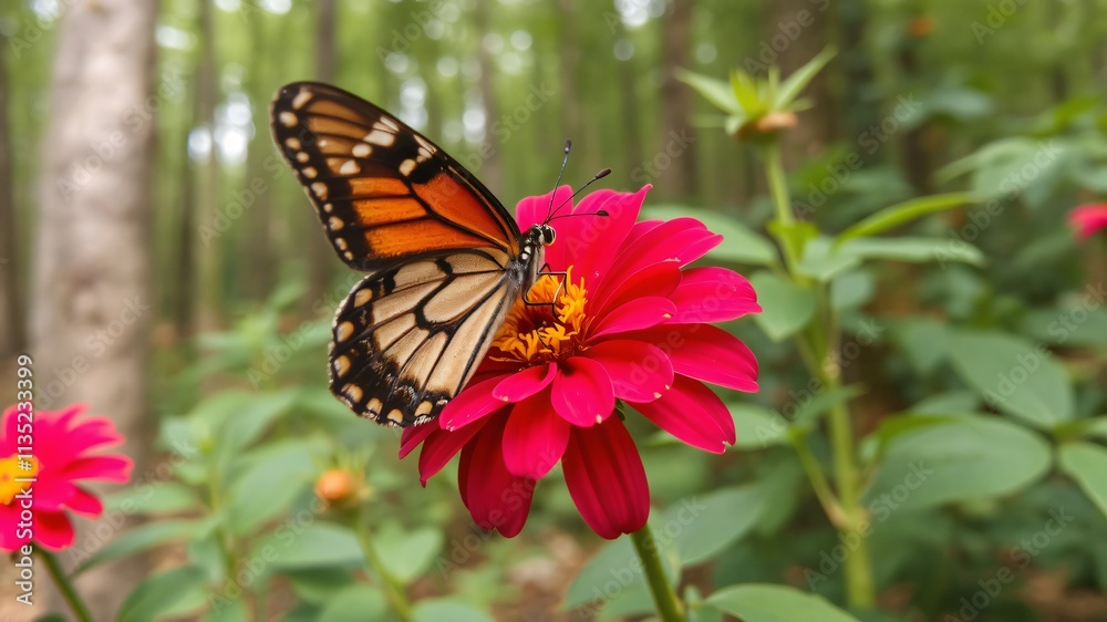 Colorful butterfly resting on vibrant pink flower in a lush green forest Colorful butterfly resting on vibrant pink flower in a lush green forest