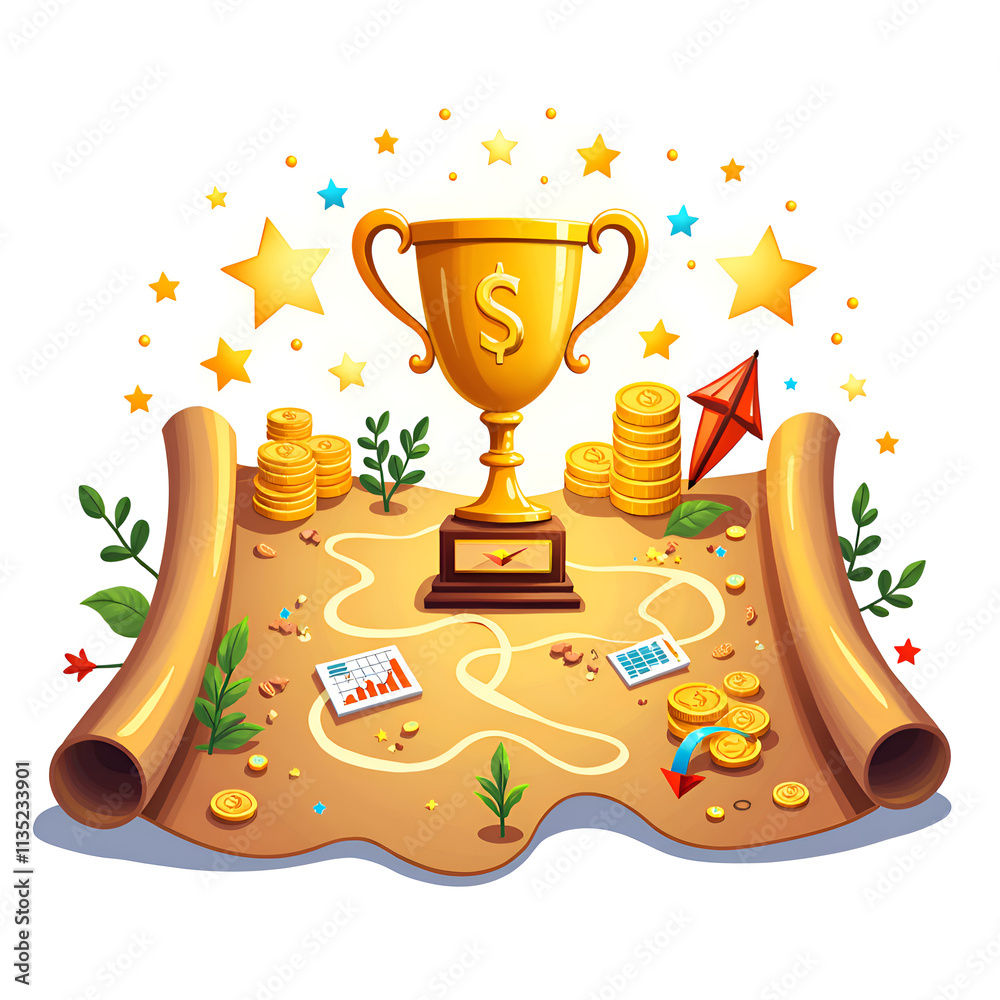 Naklejka premium A vibrant treasure map illustration featuring a trophy, coins, and stars for success themes, digital illustration of concept art concept.