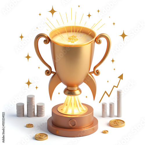 Shining trophy symbolizing success and prosperity with financial growth elements, 3d rendering of symbolism concept. photo