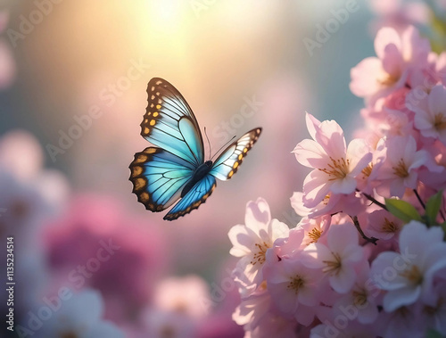 Butterfly flying in a flowery garden with pink, white flowers and sunshine