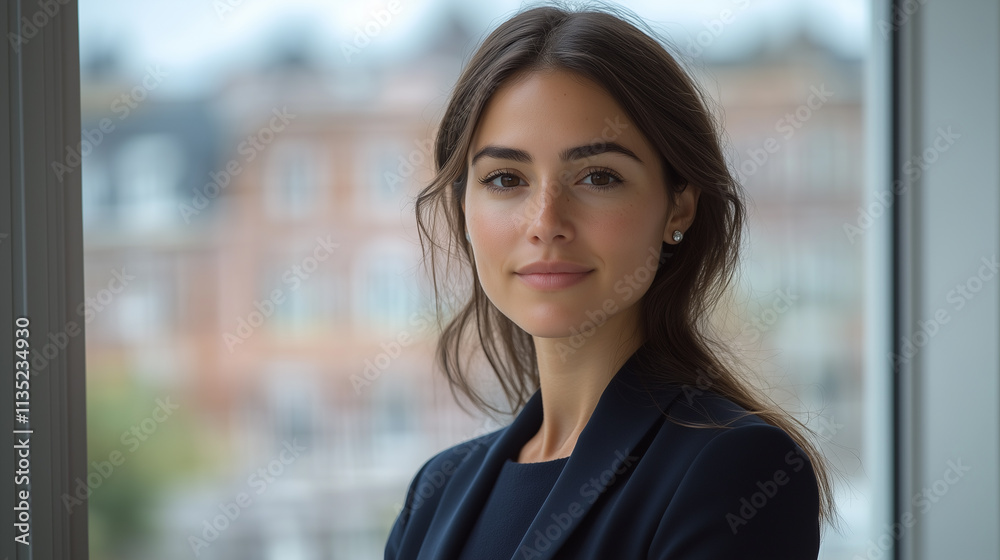 Businesswoman standing in front of a window, looking out thoughtfully. Businesswoman standing in front of a window, looking out thoughtfully.