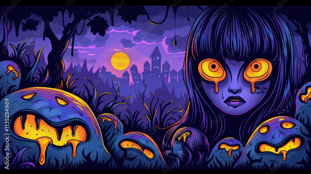 Dark fantasy girl with glowing tears in a haunted moonlit scene. Dark fantasy girl with glowing tears in a haunted moonlit scene.