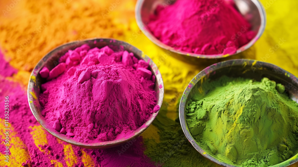 Bowls of pink, yellow, and green Holi powders. Bowls of pink, yellow, and green Holi powders.