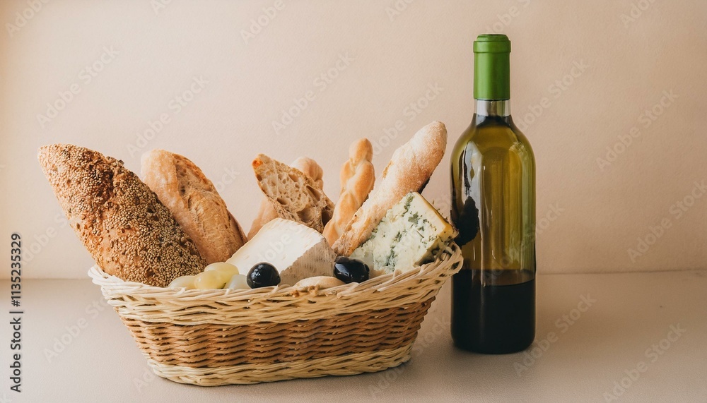Naklejka premium 바구니 안에 다양한 종류의 빵, 치즈, 올리브와 함께 놓인 작은 와인 병