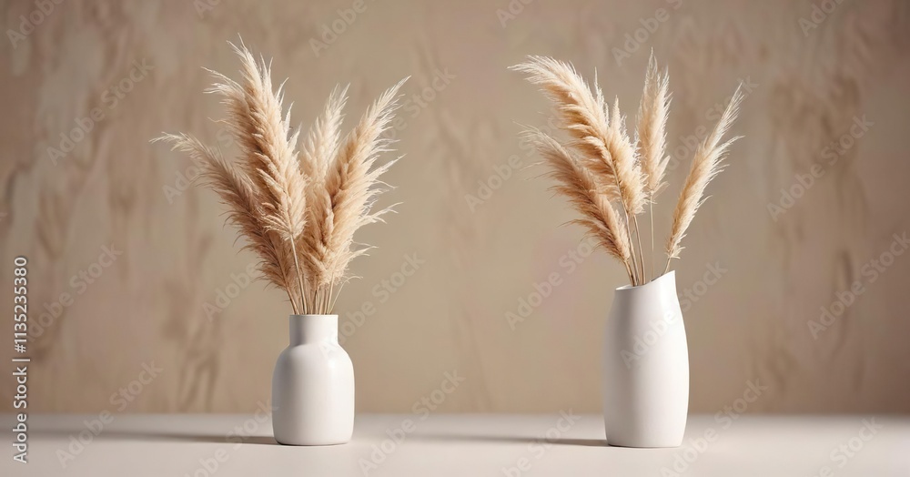 Naklejka premium Dry pampas grass and white deodorant stick on neutral background, bathroom essentials, aromatherapy, warm tones