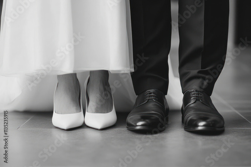 Couple stands side by side showing wedding attire and shoes in elegant setting photo