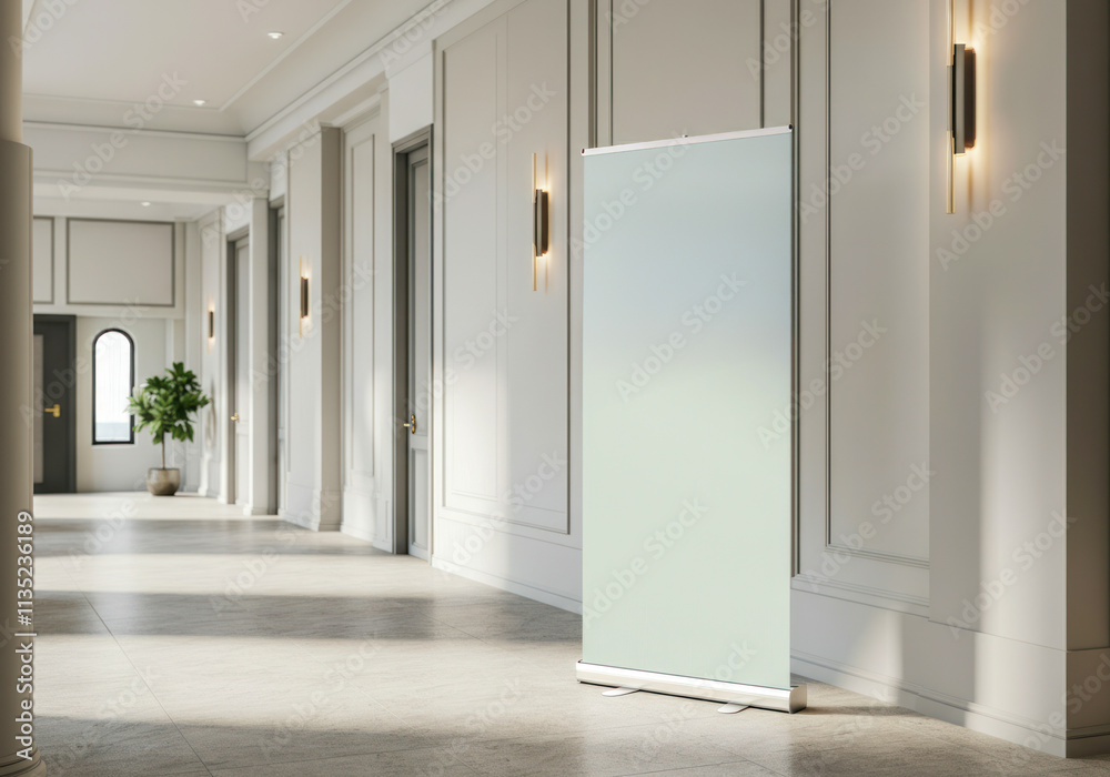Empty hallway with minimalistic design featuring a blank roll-up banner in a modern interior setting Empty hallway with minimalistic design featuring a blank roll-up banner in a modern interior setting