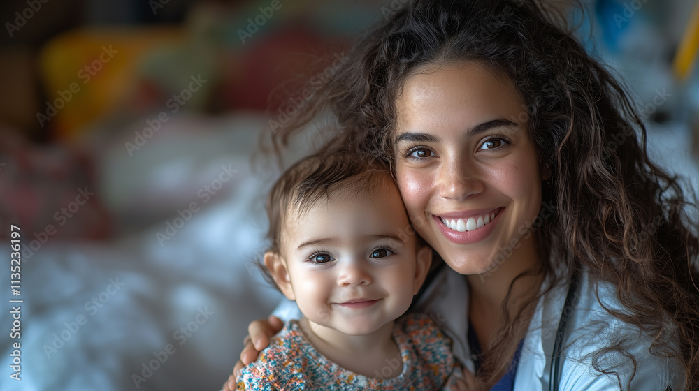 Obraz premium Doctor : Happy infant kid assessment in clinic; hospital and medical analysis. An image featuring a doctor and child; along with a doctor and baby. bright white tone.